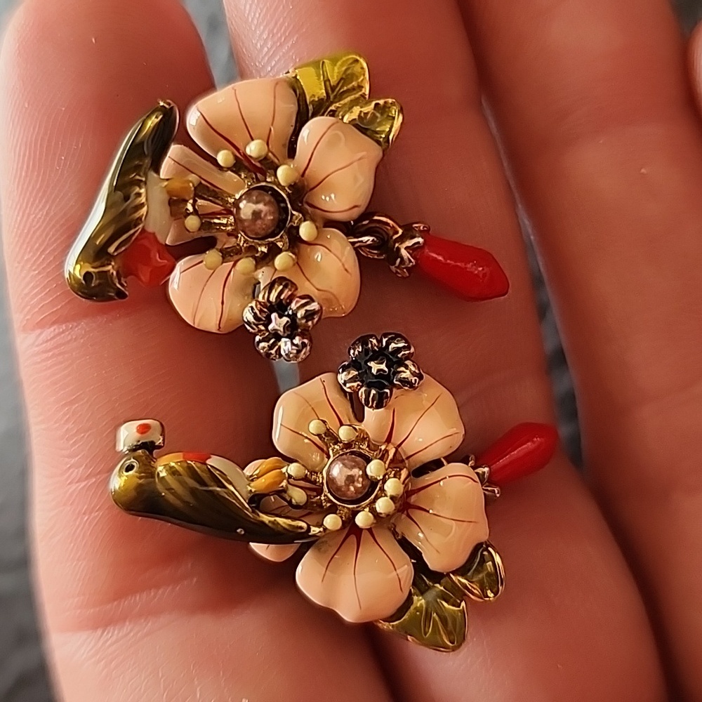 Les Nereides Paris Floral Bird Earrings with Red and Gold Accents